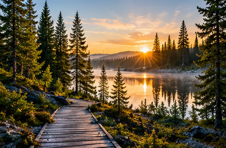 AI-generated conceptual lakeside forest boardwalk at golden hour, not an actual B-Dene Adventures tour or property photograph.