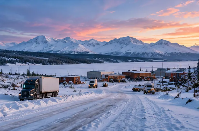 AI-generated conceptual snow-covered northern logistics yard with freight vehicles; not a Det'on Cho site or fleet photograph.