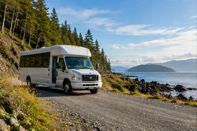 Conceptual white charter bus on a coastal road; AI-generated illustrative scene, not a photograph of Eagle Transit's actual vehicles.