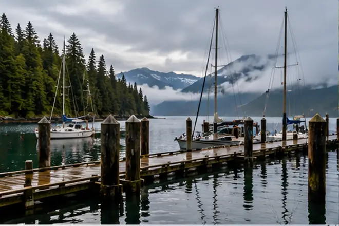 Conceptual marina dock on a forested coast; AI-generated illustrative scene, not an actual photograph of Gorge Harbour Marina Resort.