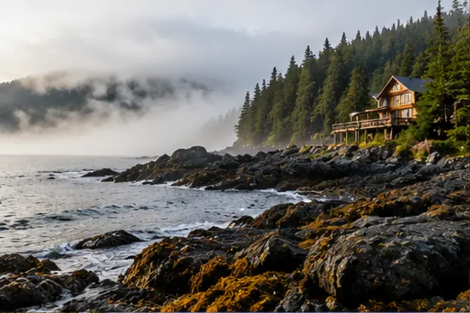 Conceptual forested coastal lodge and rocky shoreline; AI-generated illustrative scene, not a photograph of Gwaii Naay Island House.