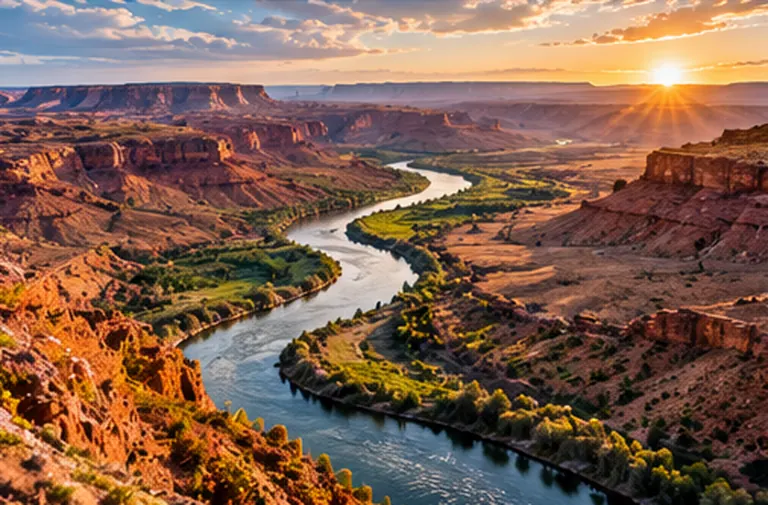AI-generated conceptual desert canyon river panorama; not an iiná bá, Inc. project or location photograph.