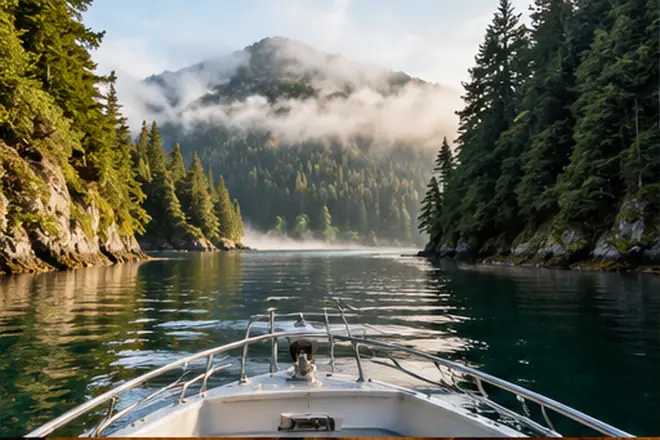 Conceptual boat on a forested inlet; AI-generated illustrative scene, not a photograph of the Klahoose Coastal Adventures tour or territory.