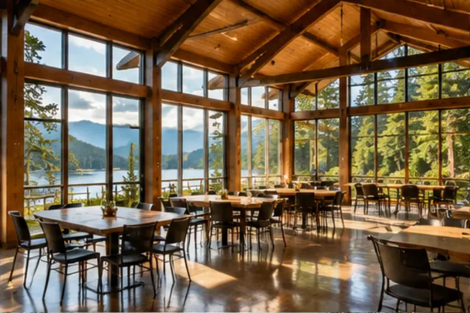 Conceptual modern gathering venue interior overlooking a lake; AI-generated illustrative scene, not a photograph of The Osprey Nest.