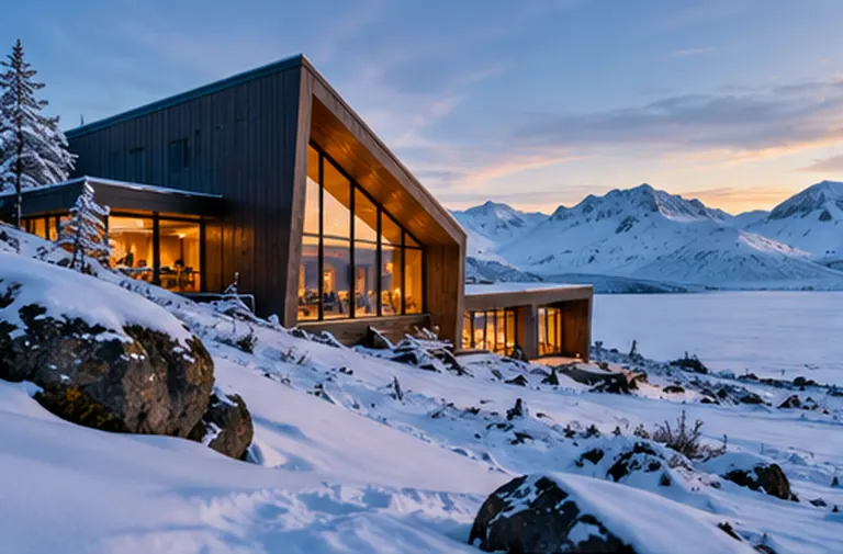 AI-generated conceptual modern building in a snow-covered Arctic setting; not a Panaq Design project or business photograph.