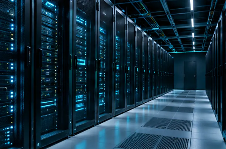 AI-generated conceptual cool blue datacentre server-rack corridor; not a photograph of Panarctic's facilities.