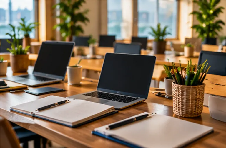AI-generated conceptual laptop and open notebooks on a warm office table; not an actual Teqare workshop or office photo.