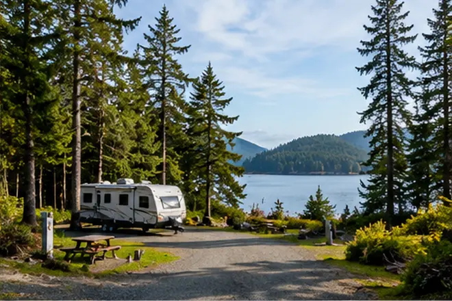 Conceptual RV campground on a Pacific Northwest waterfront; AI-generated illustrative scene, not a photograph of Tsawaak RV Resort.