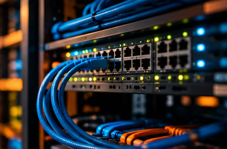 AI-generated conceptual network switch with blue cables and status lights; not Vicenti Technologies equipment or office photography.